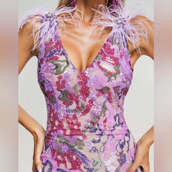 Purple Feather Dress Floral Sequin Dress - Size M - Picture 3 of 8